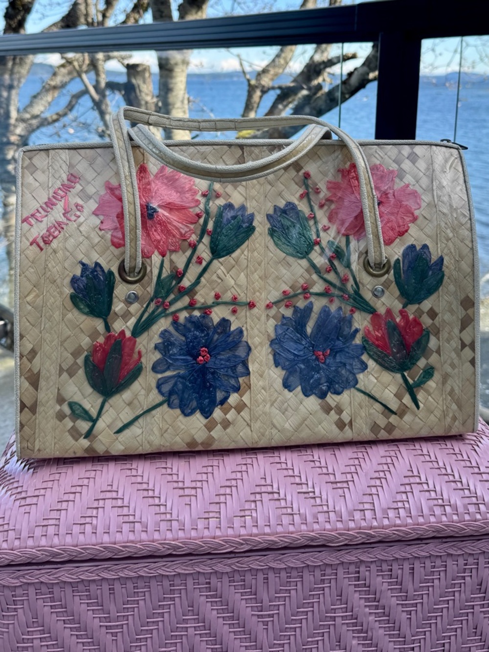Vintage 50s/60s Woven Straw Floral Trinidad & Tobago Large Tote Travel Bag - Picture 2 of 16
